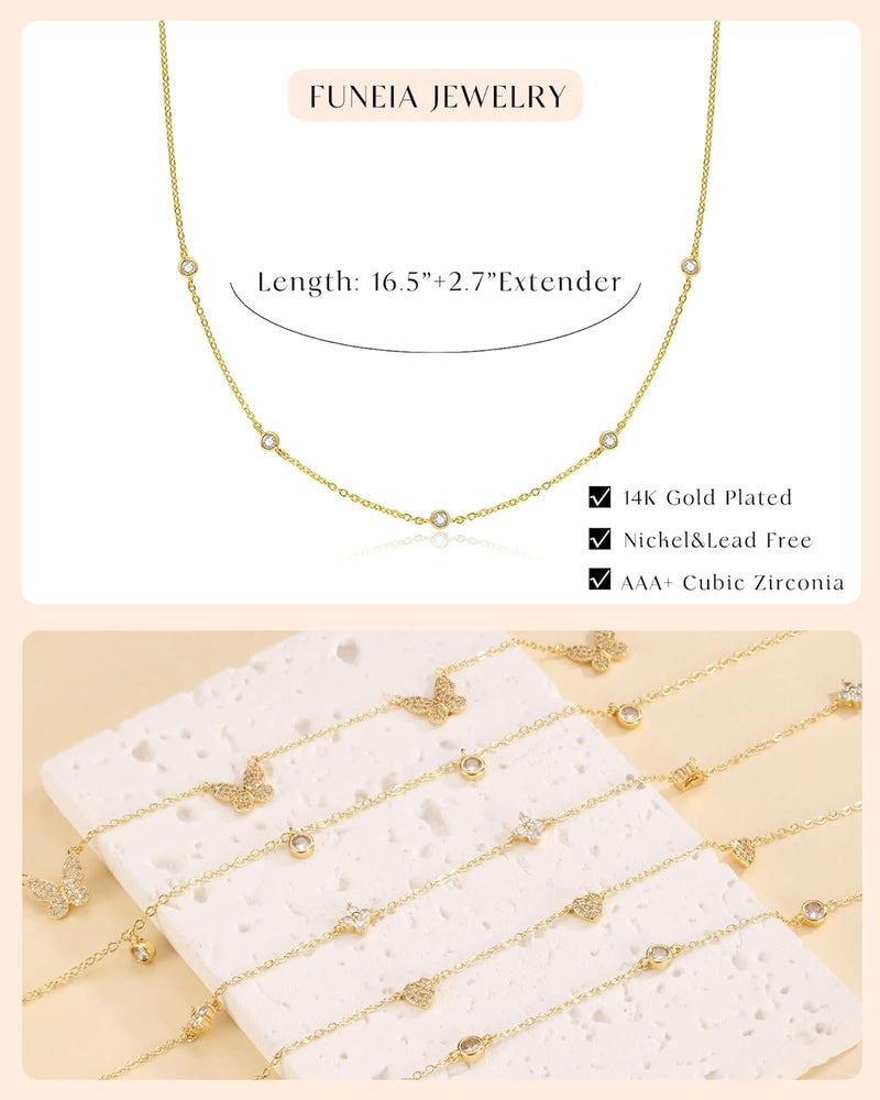 FUNEIA Dainty Silver Gold Necklaces for Women Trendy Non Tarnish 14K Gold Plated Cubic Zirconia Necklace Layered Cute Butterfly Heart Station Choker Necklace Stack for Wedding Prom Brides Jewelry - Image 5